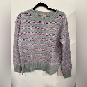 Hem & Thread Gray and Lavender Striped Open-Knit Crewneck Sweater
